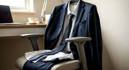 Business suit and tie on a chair in the office. Business conceptの素材
