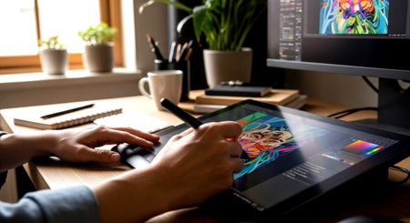 Designer working with graphic tablet and stylus pen at office desk.の素材