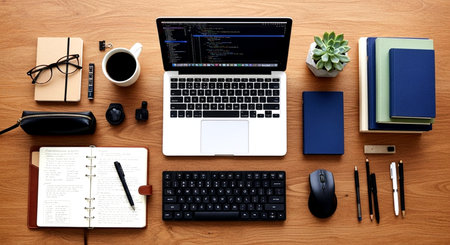 Top view of modern workplace with laptop, coffee cup, notebook and other itemsの素材