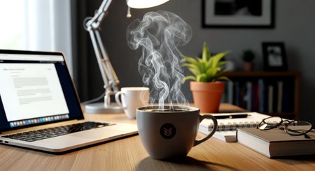 Coffee cup with laptop computer on wooden table in office.の素材