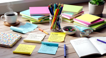 School supplies on a wooden table. Back to school. Copy space.の素材