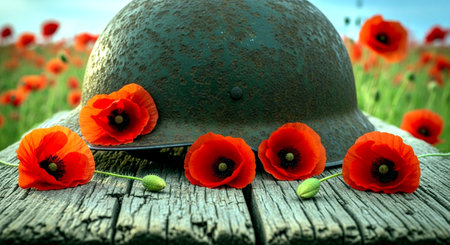 Poppy flowers and old army helmet on old wooden background. 3d renderingの素材