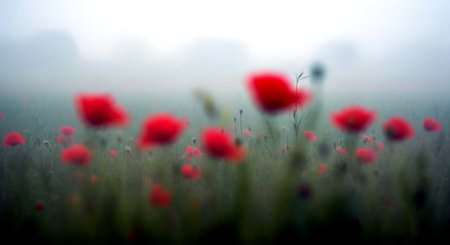 Field of poppies in a foggy day. Soft focusの素材