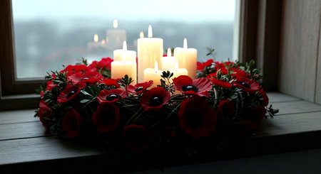 Wreath with red poppies and burning candles on window sillの素材