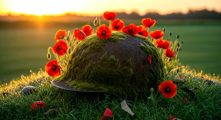 Red poppies in a stone bucket on green grass at sunsetの素材