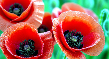 Red poppies with water drops on petals close-upの素材
