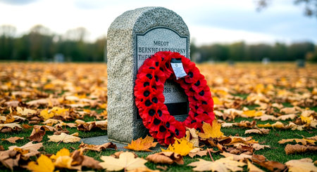 Red wreaths on a gravestone in a cemetery in autumnの素材