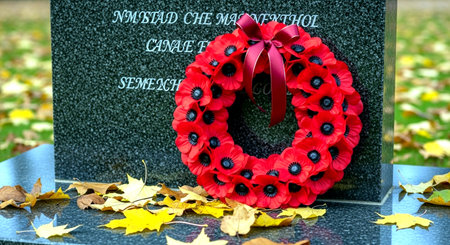Red poppy wreath on a grave in an old cemetery in autumnの素材