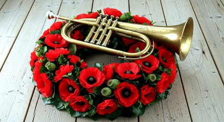 Wreath of poppies and a trumpet on a wooden backgroundの素材