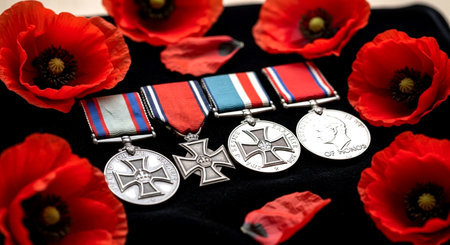 Luxury silver military medals with red poppies on black velvetの素材