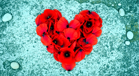 Red poppies in the shape of a heart on a blue backgroundの素材