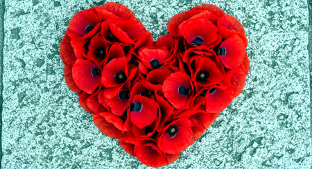 Heart made of red poppies on a blue background with copy spaceの素材