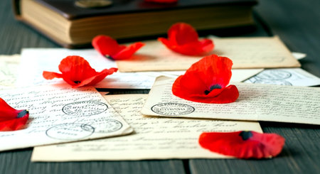 Poppy flowers, books and letters on a black wooden background.の素材