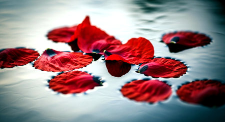 Red petals of a flower floating on water. Selective focus.の素材