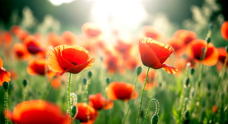 Beautiful red poppies on the field. Soft focus.の素材