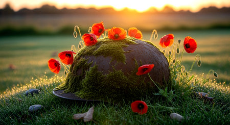 Red poppies in a hat on green grass at sunset.の素材