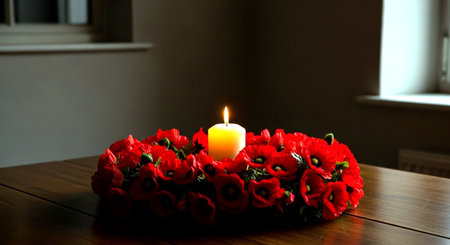 Wax candle and red poppy flowers on wooden table in church.の素材