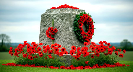 3d rendering of a grave with a wreath of poppiesの素材