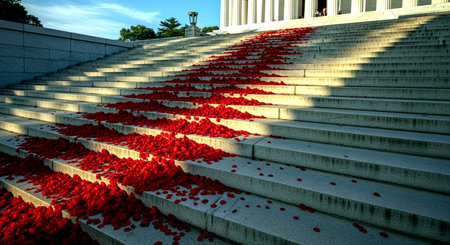 Red rose petals on the steps of the National Mall.の素材
