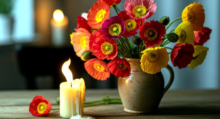 Beautiful poppies in vase on wooden table in roomの素材