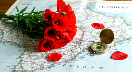 Poppies and compass on the map. Travel and tourism conceptの素材