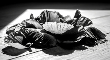 Black and white flower petals on a wooden background. Black and white photo.の素材