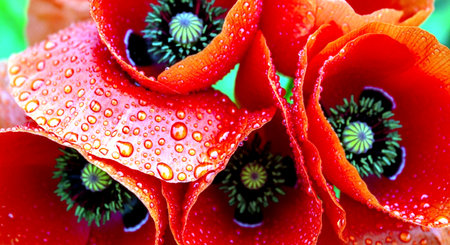 Red poppies with water drops on petals close-upの素材