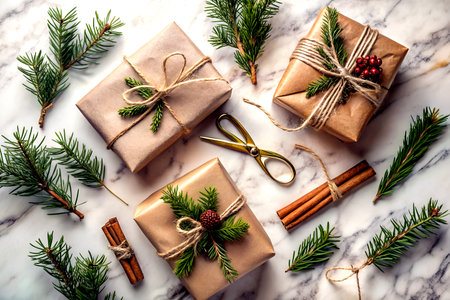 Christmas presents wrapped in craft paper with fir branches and pine cones.の素材
