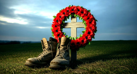 Wedding bouquet of poppies and boots on the grassの素材