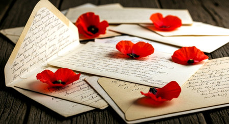 Old letters and red poppies on old wooden background. Close upの素材