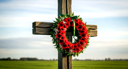 Wreath of poppies on a wooden cross in a fieldの素材