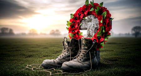 Old grave with poppies and military boots on the field.の素材