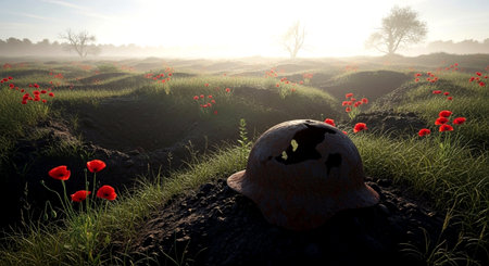 3d render of an old rusty bomb in a field of poppiesの素材