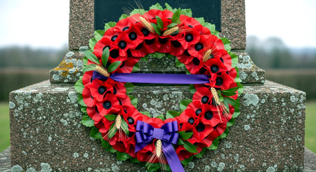 Red poppy wreath on a grave with a blue ribbon on itの素材