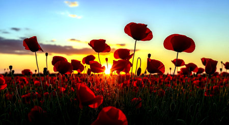 Red poppies in the field at sunset. Beautiful landscape.の素材