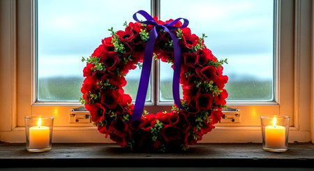 Wreath of red roses and candles on the windowsill at sunsetの素材