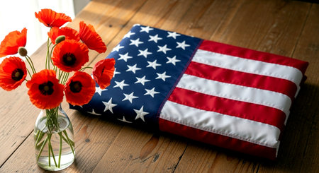 American flag and a bouquet of poppies on a wooden tableの素材
