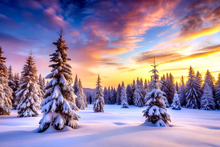 Fantastic winter landscape. Dramatic overcast sky. Carpathian, Ukraine, Europe. Beauty world.の素材