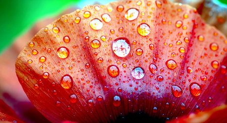 Water drops on red poppy flower petals close up. Macro shotの素材