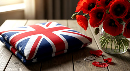 Bouquet of red poppies and British flag on wooden tableの素材