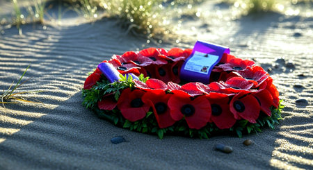 Memorial wreath in the sand of the dunes of the beachの素材