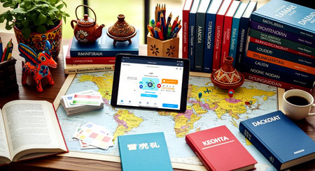 Travel Booking Destination Journey Trip Concept. Tablet PC with Travel Bookmarks on Table.の素材