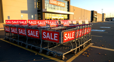 Sale sign at a shopping cart on a sunny day in autumnの素材