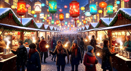Unidentified people on Christmas market in Moscow.の素材
