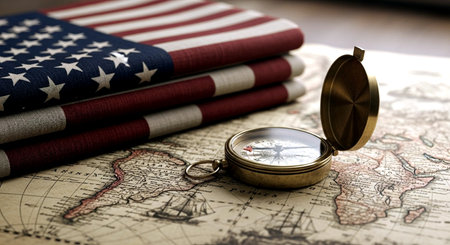 Compass and American flag on old map. Travel and tourism.の素材