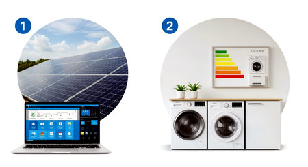 Laptop with solar panels and washing machine isolated on a white backgroundの素材