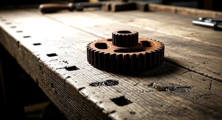 Gear on a workbench in a carpenter's workshop. Close up.の素材