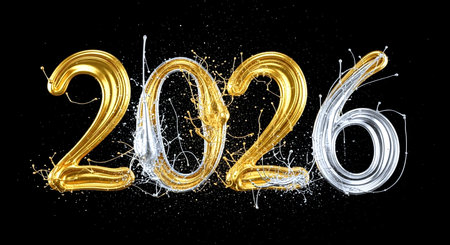 Happy New Year 2016 with gold paint splashes. 3d renderingの素材