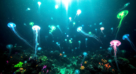 Jellyfish on the reef. Underwater world. 3d renderingの素材