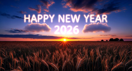 Happy New Year 2020. Happy New Year in the wheat field.の素材